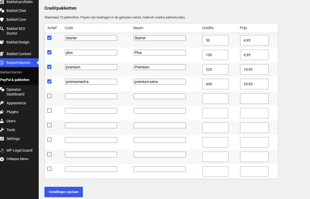 Manage credit packages